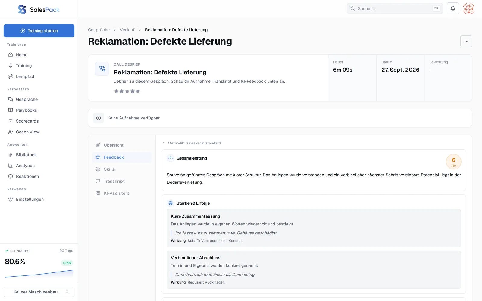 Feedback zu einem Gespräch in SalesPack mit Stärken und Entwicklungsfeldern.