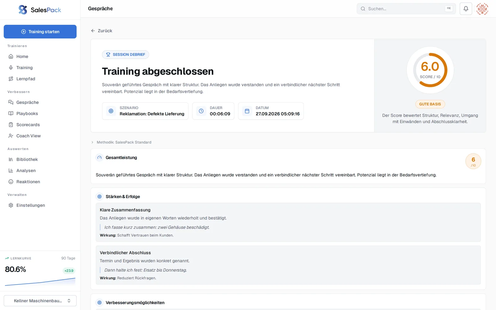 Gesprächsauswertung in SalesPack: Gesamtbewertung, Stärken und Verbesserungsvorschläge nach einem Rollenspiel.